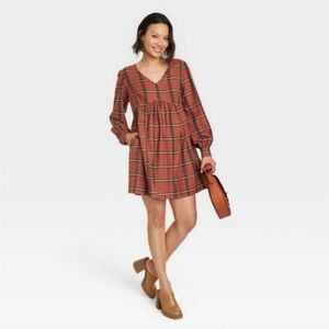 Knox Rose Bishop Sleeve Dress Orange Plaid